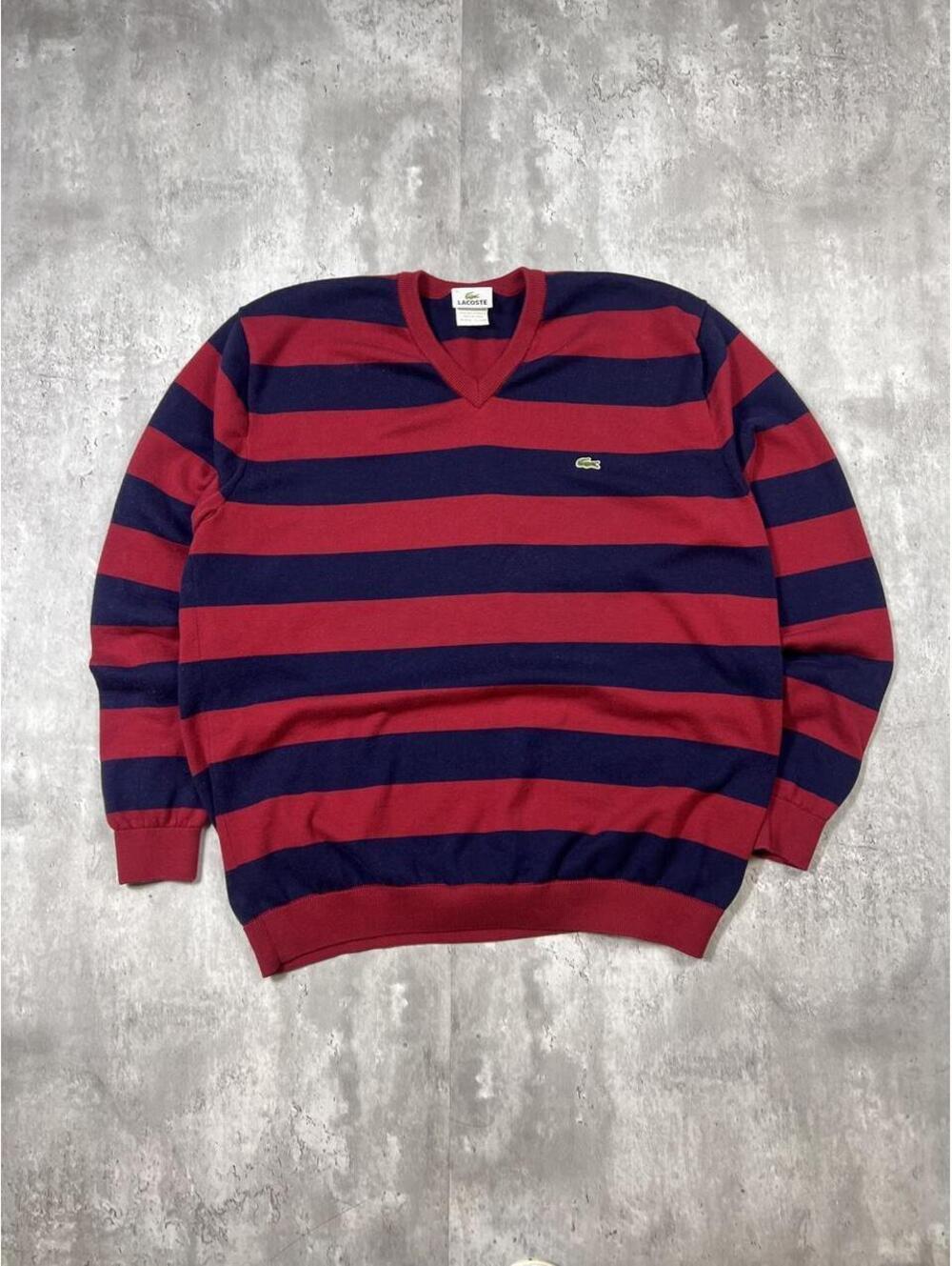 Lacoste Striped V-Neck Sweater Red Navy Knit Preppy Cotton